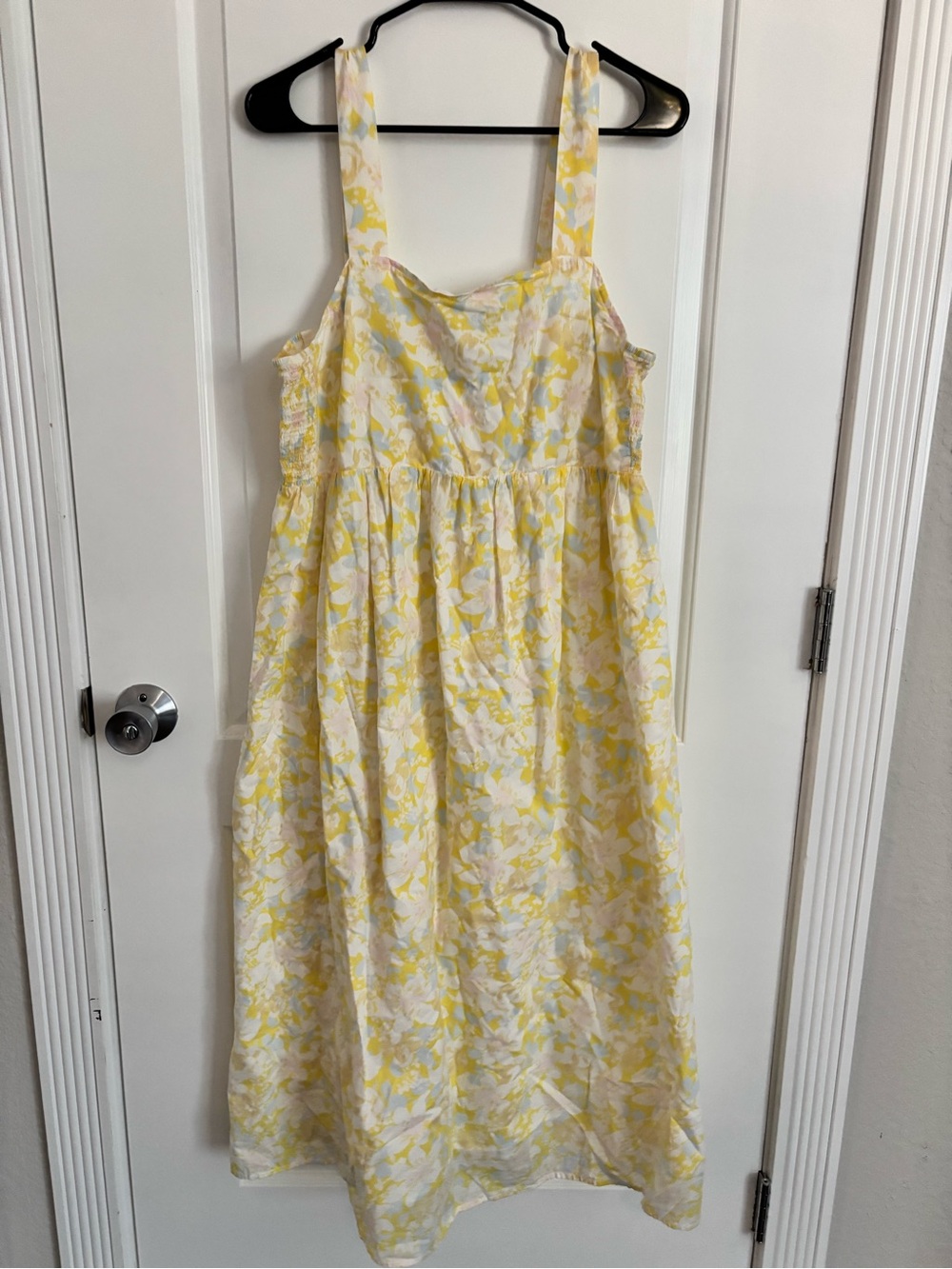The Nines by HATCH Yellow and White Floral Smocked Strap Midi Dress